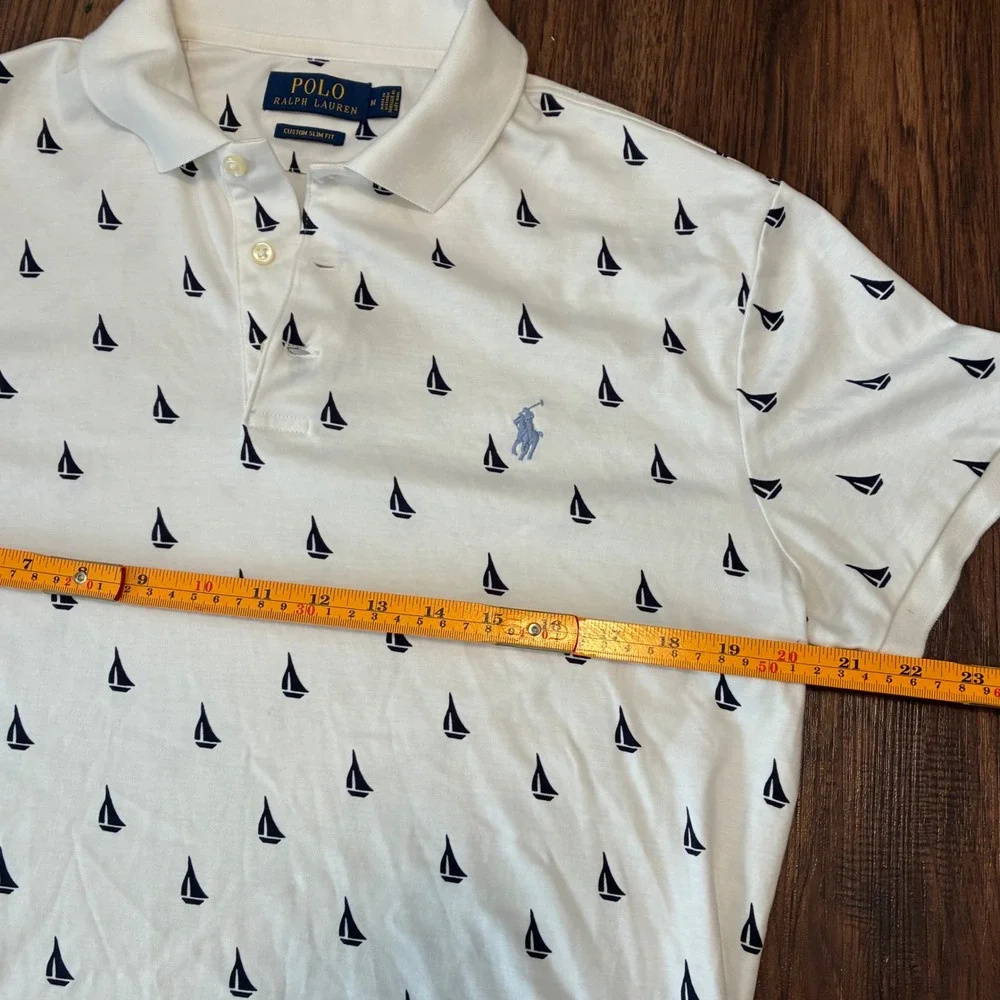 Polo Ralph Lauren Custom Slim Fit Sailboat Print Polo Shirt Men's M White Navy